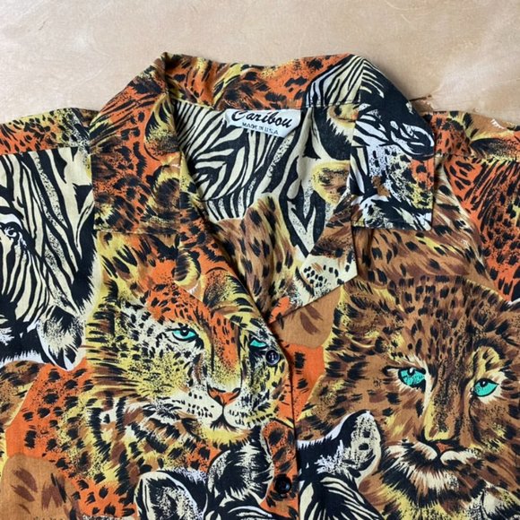 Vintage Y2K Animal Cheetah Leopard Zebra Print Collared Button Up Men's M - Picture 2 of 4